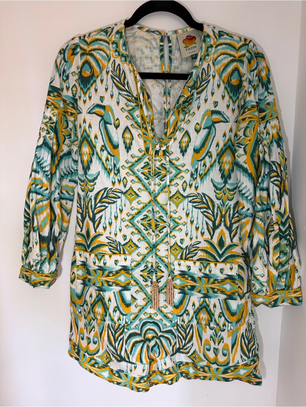 FARM Rio Teal, Yellow & Orange Printed Romper, 100% linen